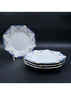 Seizan Mood Indigo 7936 Octagonal Salad/Bread Plates Japan Set of 4 Vintage‎ 8"